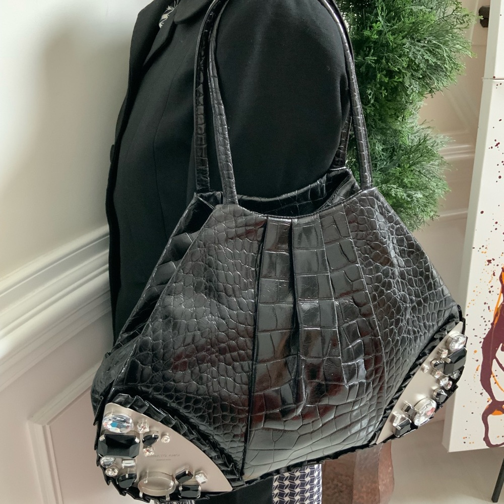 Renato Angi Black Leather Bag with Stones - Picture 2 of 15